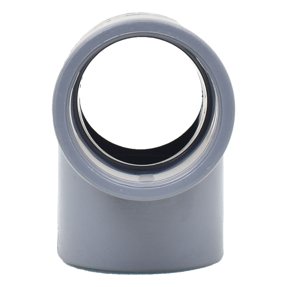 Grey PVC 32mm elbow pipe fitting with rubber seal ring visible inside socket opening, 90-degree bend style