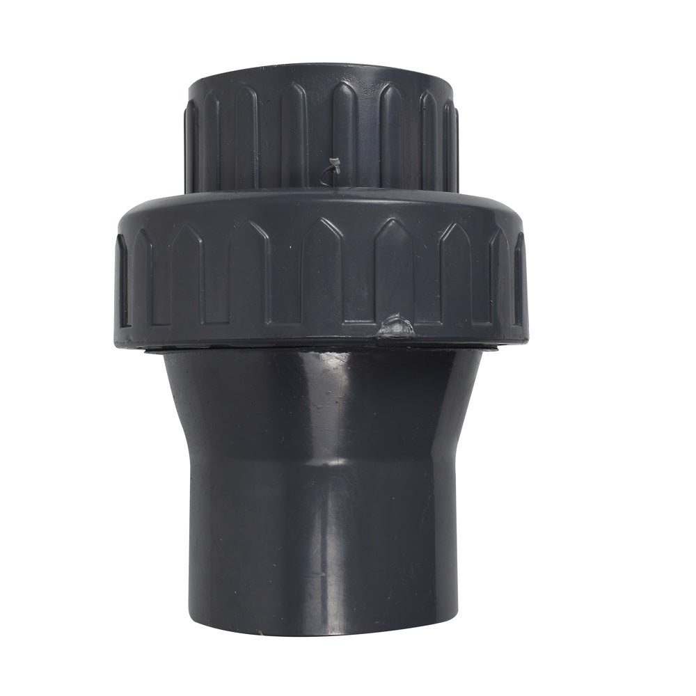 Dark grey PVC non-return valve 50mm with ribbed union nut, tapered body and slip socket end connection
