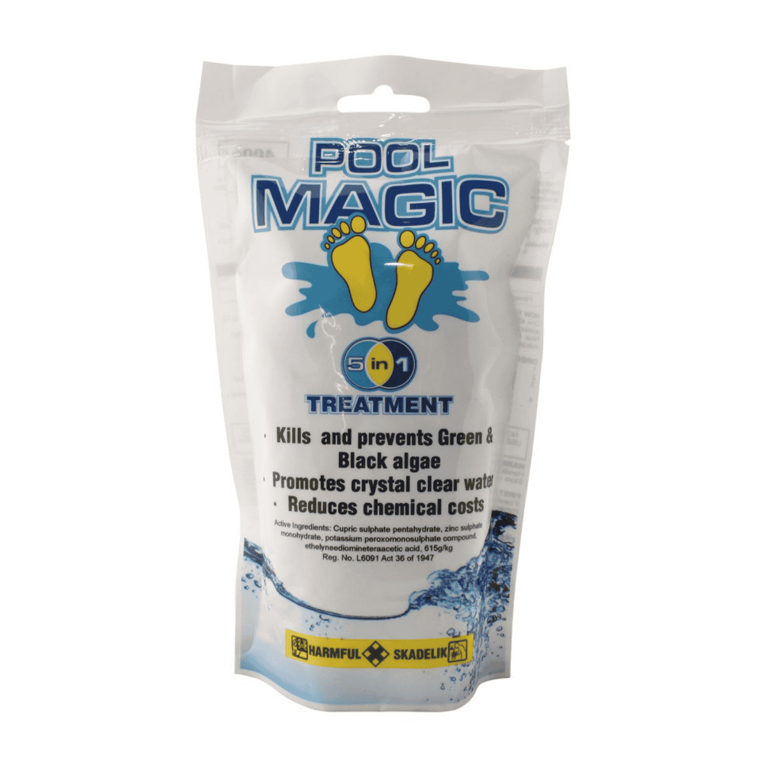 Pool Magic 5-in-1 pool treatment chemical in white resealable stand-up pouch with blue and yellow branding