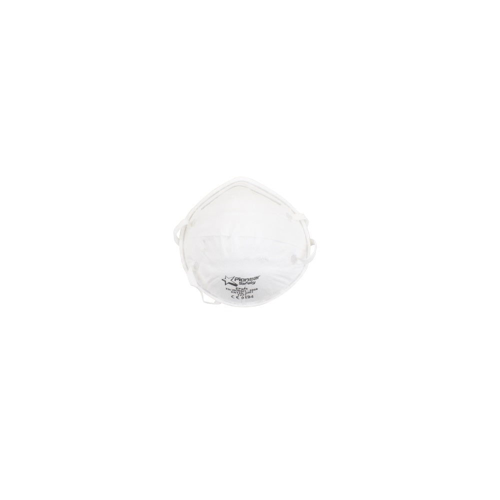 White cup-style Pioneer Safety dust mask with elastic straps, CE-marked, on a plain white background