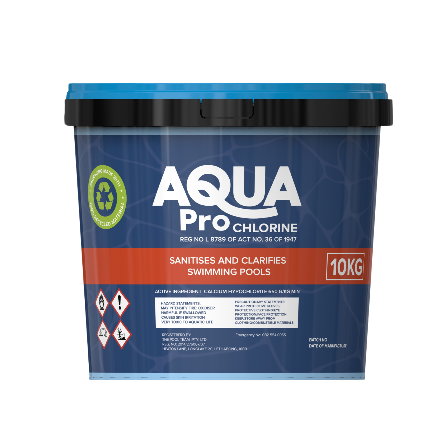 Aqua Pro Chlorine 10kg bucket in navy blue with blue lid, calcium hypochlorite pool sanitiser and clarifier