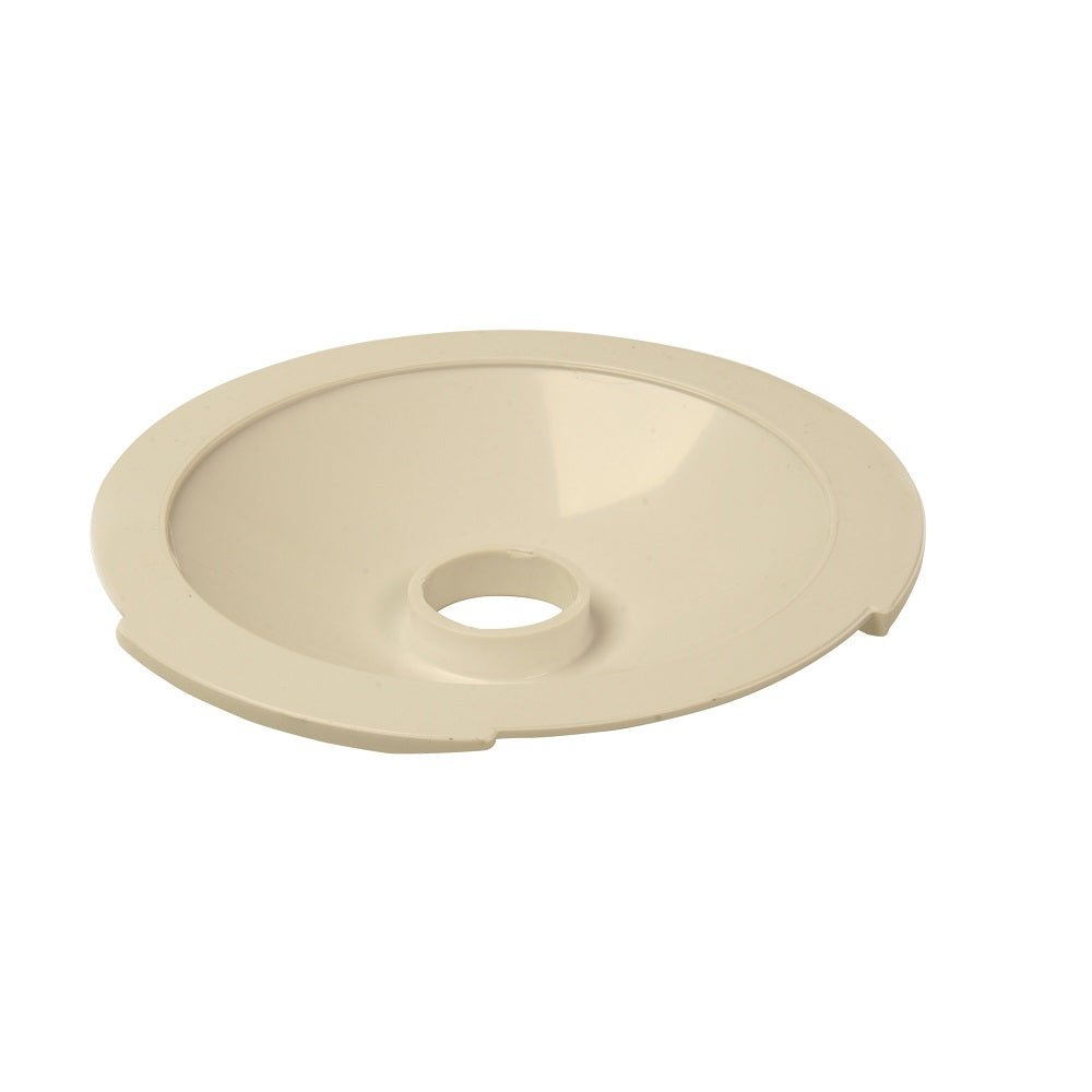 Swimquip pool weir vac lid in cream white plastic, circular disc shape with central hole and notched rim