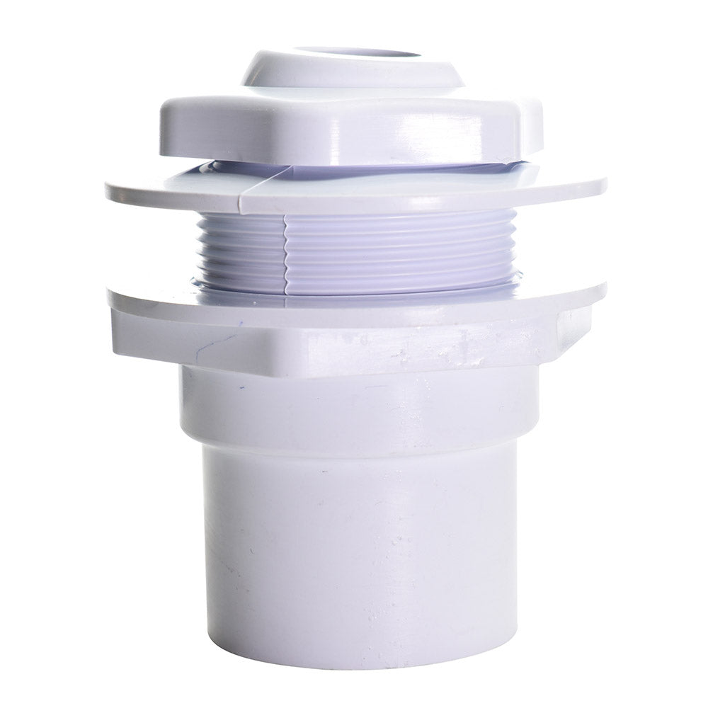 White plastic pool return fitting with threaded mid-section, flanged collar, and cylindrical glued inlet socket
