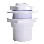White plastic pool return fitting with threaded mid-section, flanged collar, and cylindrical glued inlet socket