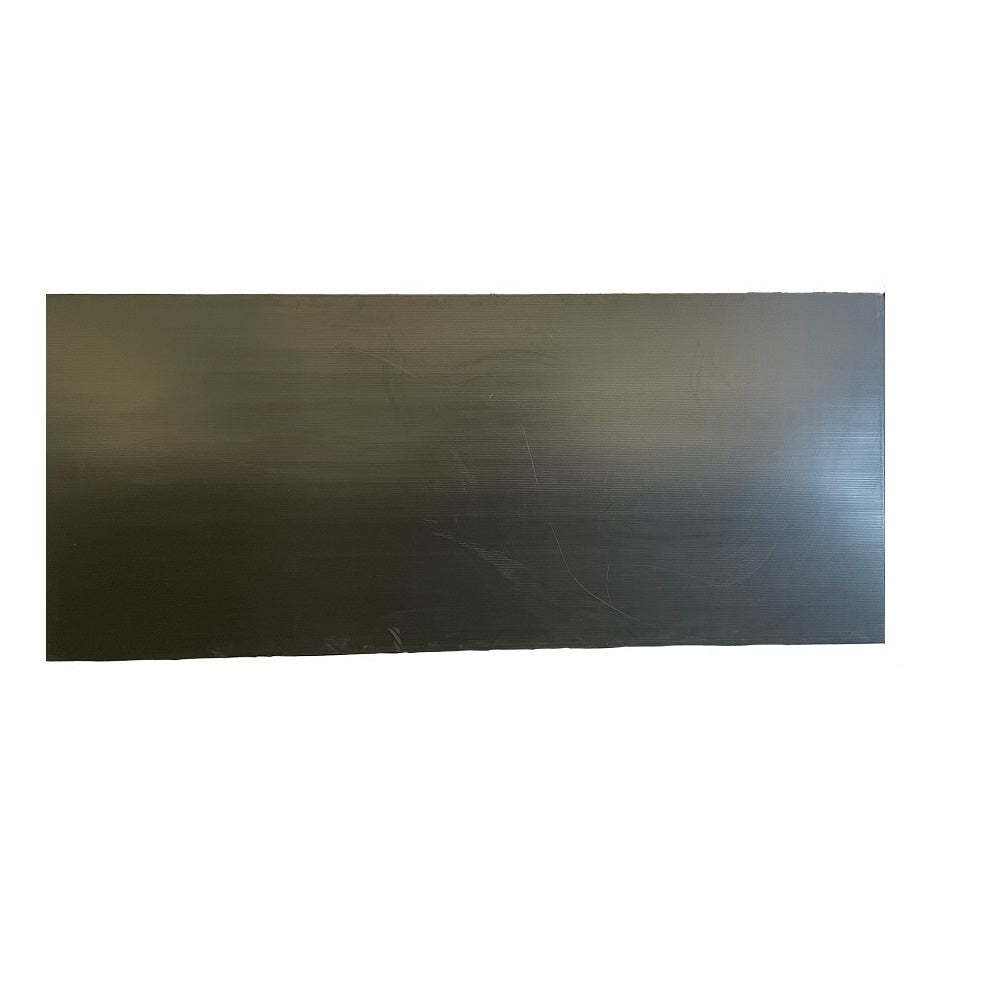 Dark grey flat rectangular solar panel backing sheet with smooth semi-reflective surface and slight surface markings