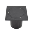 Black square in-ground electrical deck box with circular recessed lid, three screw fixings, and cylindrical housing body