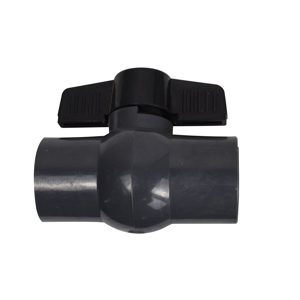 Dark grey PVC compact ball valve 50mm with black T-bar handle and socket ends, closed position