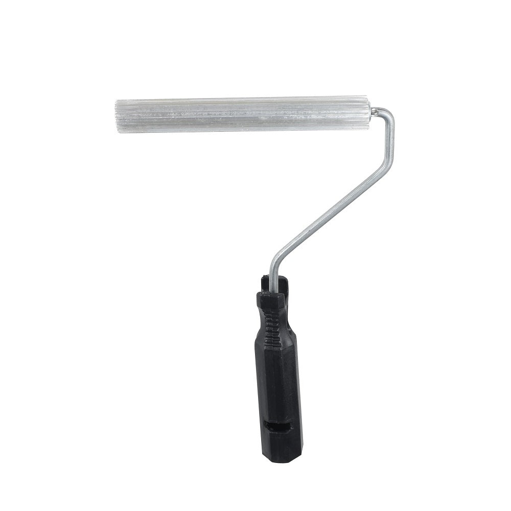 Aqua Pro 140mm stainless steel ribbed laminating roller with black plastic handle and metal wire frame bracket
