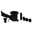 Black plastic pool skimmer kit with cylindrical body, pipe extensions, elbow fittings, mesh sock, and white adapter piece