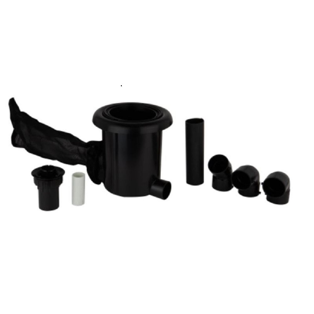 Black plastic pool skimmer kit with cylindrical body, pipe extensions, elbow fittings, mesh sock, and white adapter piece