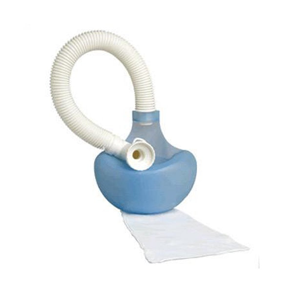 Blue pool vacuum head with white corrugated flexible hose and filter bag attachment for pool floor cleaning