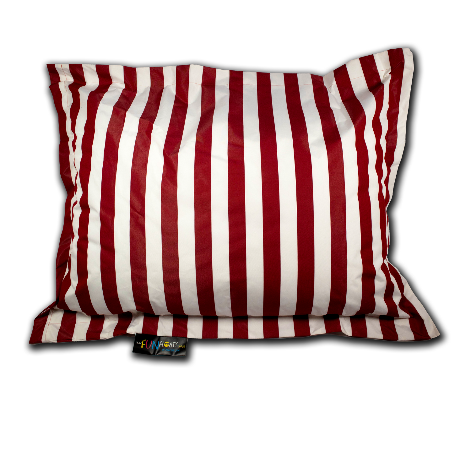 Aqua Pro Pool Pillow in bold red and white vertical stripes, large square canvas float with FunFloats label on white background
