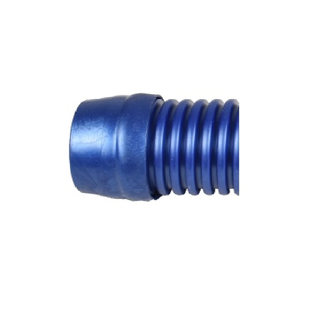 Blue anodised aluminium pool cleaner hose connector with coarse external threads and tapered end cap, 1m length