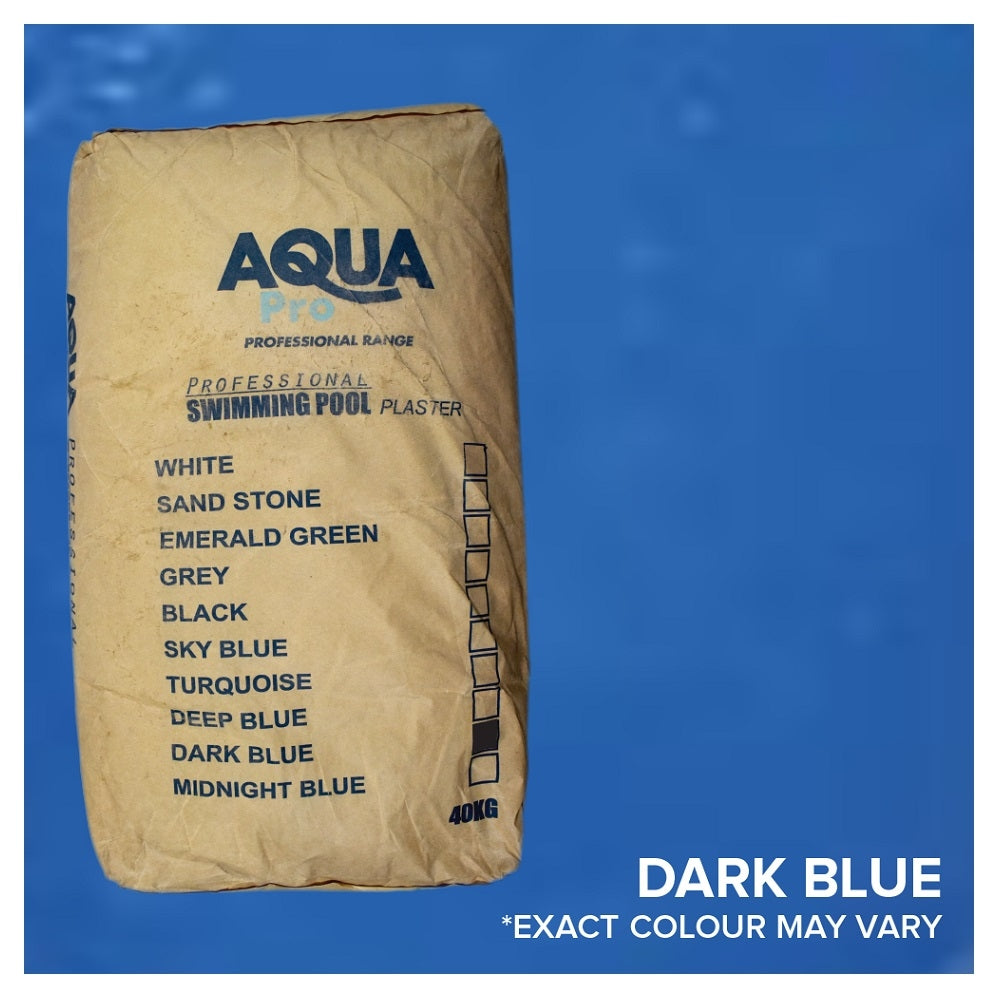 Aqua Pro Professional Swimming Pool Plaster Dark Blue 40kg kraft paper bag with colour swatches on blue background