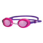 Zoggs Ripper Junior swim goggles with pink round lenses, pink frames, purple silicone strap and clear nose bridge