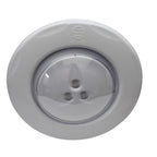 Round white plastic LED pool light with clear dome lens and three visible LEDs, Eartheco branded retro fit fitting