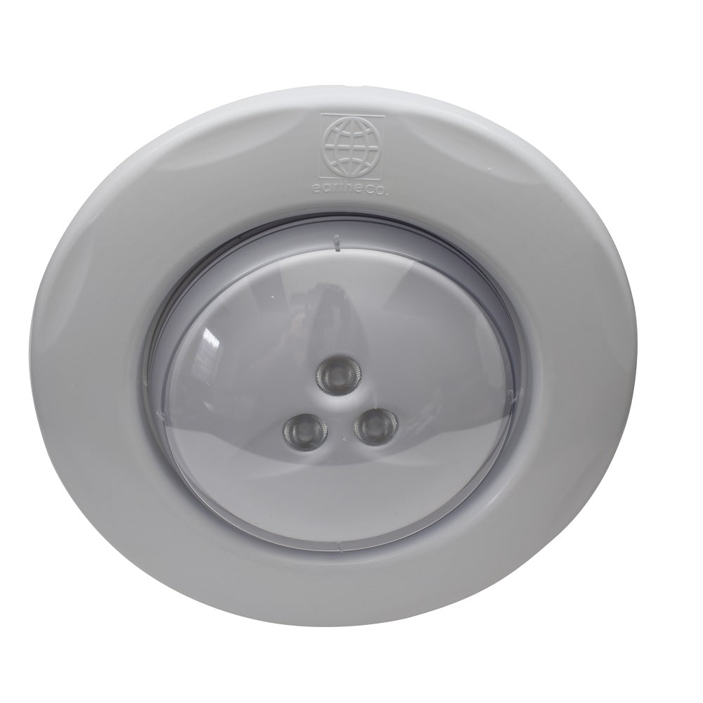 Round white plastic LED pool light with clear dome lens and three visible LEDs, Eartheco branded retro fit fitting