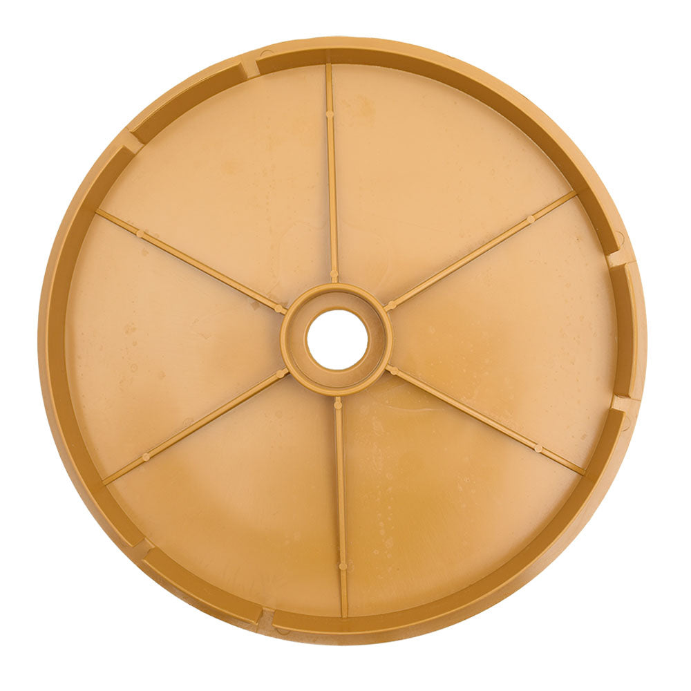 Swimquip tan plastic deck lid with six-spoke radial ribs and central hole, viewed from above