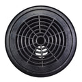 Round black plastic pool bottom drain with concentric ring grid pattern and central hub, recessed design with wide outer flange