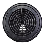 Round black plastic pool bottom drain with concentric ring grid pattern and central hub, recessed design with wide outer flange