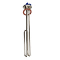 Stainless steel immersion heating element with blue terminal head, copper gasket, and threaded flange fitting