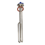 Stainless steel immersion heating element with blue terminal head, copper gasket, and threaded flange fitting