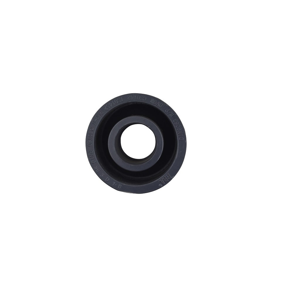 Black PVC pipe reducer fitting 50mm to 20mm, circular stepped profile with embossed certification markings, viewed from above