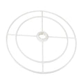 White wire lamp shade carrier ring with central plastic bulb clip fitting and four crossbar spokes, flat circular frame design