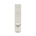 White single-pole 16A miniature circuit breaker with DIN rail mount clip, side profile view