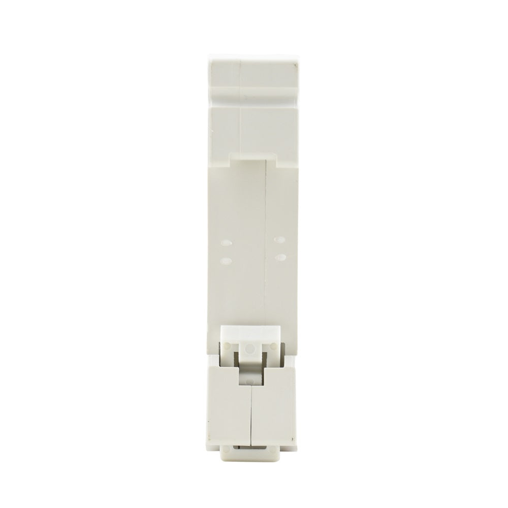 White single-pole 16A miniature circuit breaker with DIN rail mount clip, side profile view