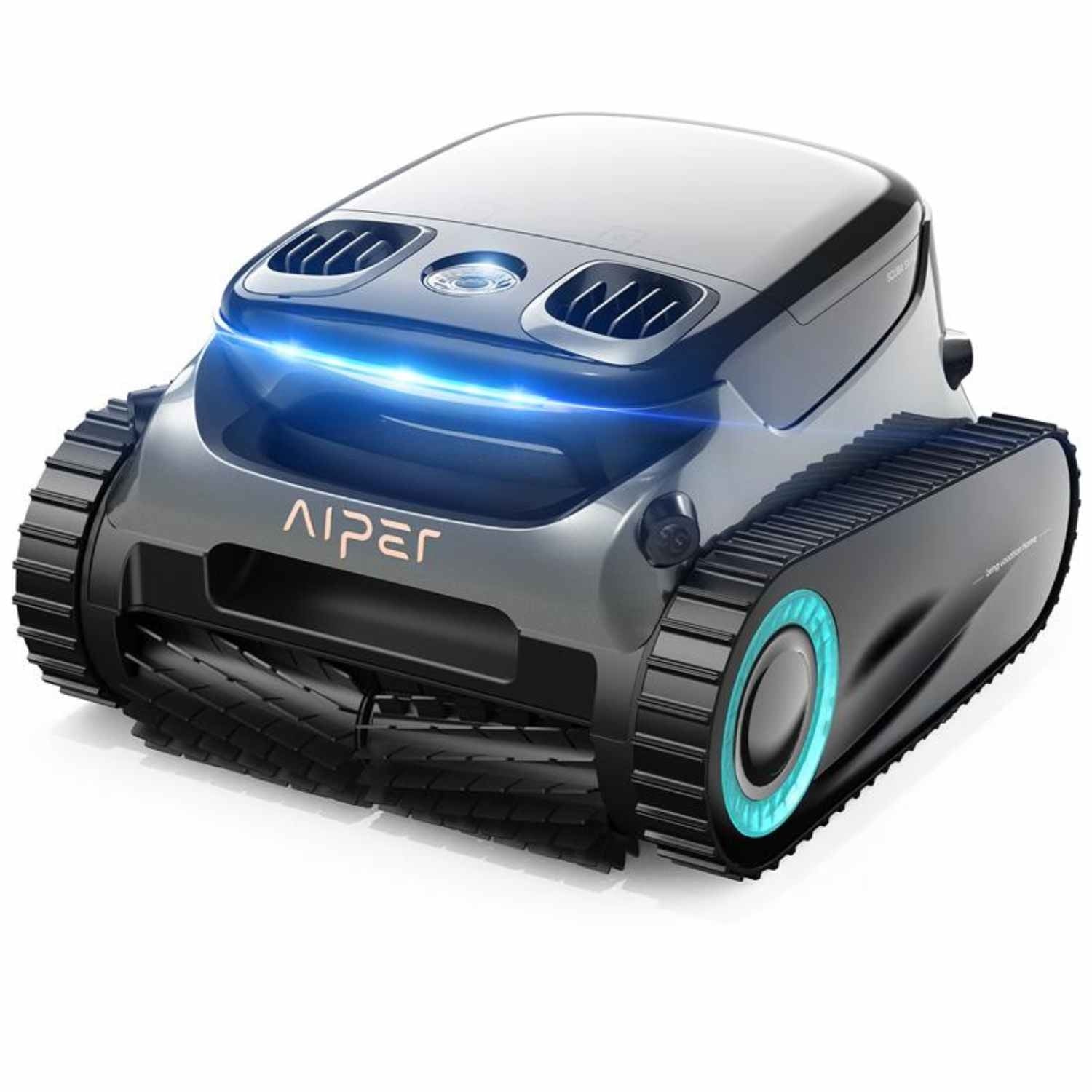 Aiper Scuba S1-Pro Robotic Pool Cleaner in silver and black with blue LED accent light and rubber tank-style tracks