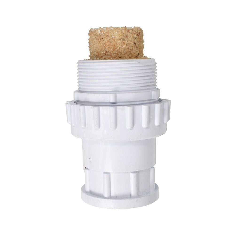 White PVC pool skimmer union fitting with threaded male top, ribbed locking collar, and sand-filled cork insert