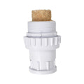 White PVC pool skimmer union fitting with threaded male top, ribbed locking collar, and sand-filled cork insert