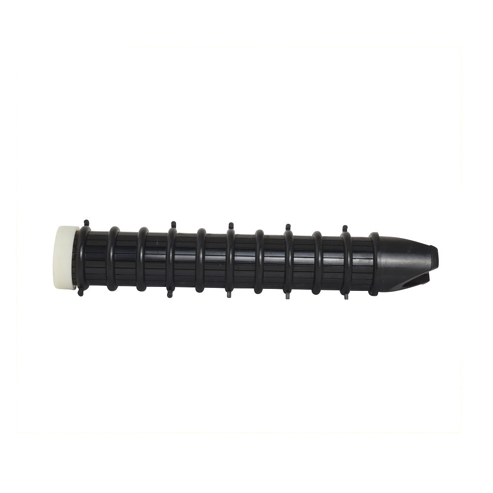Black plastic Speck filter finger with ribbed spiral coil body, tapered tip, and white end cap