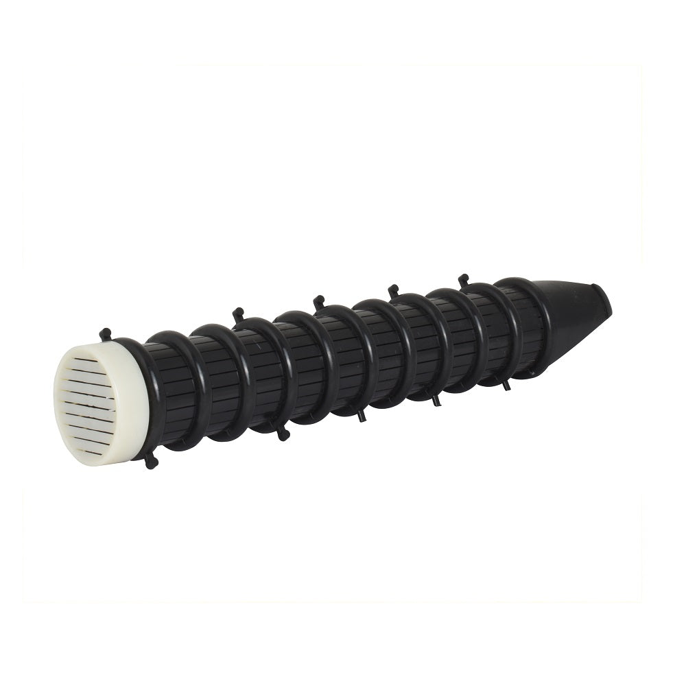 Black plastic Speck filter finger with ribbed segmented body, tapered tip, and white louvred inlet end