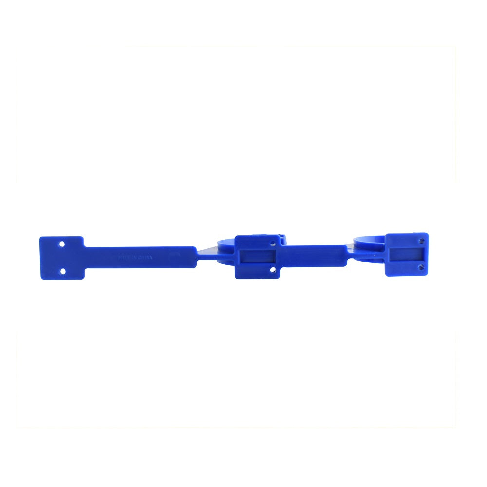 Blue plastic pool pole hanger with sliding bolt latch mechanism and dual mounting holes on flat bracket end