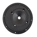 Black circular pump flange with central bore, multiple bolt holes on outer rim and inner ring, matte plastic construction