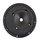 Black circular pump flange with central bore, multiple bolt holes on outer rim and inner ring, matte plastic construction