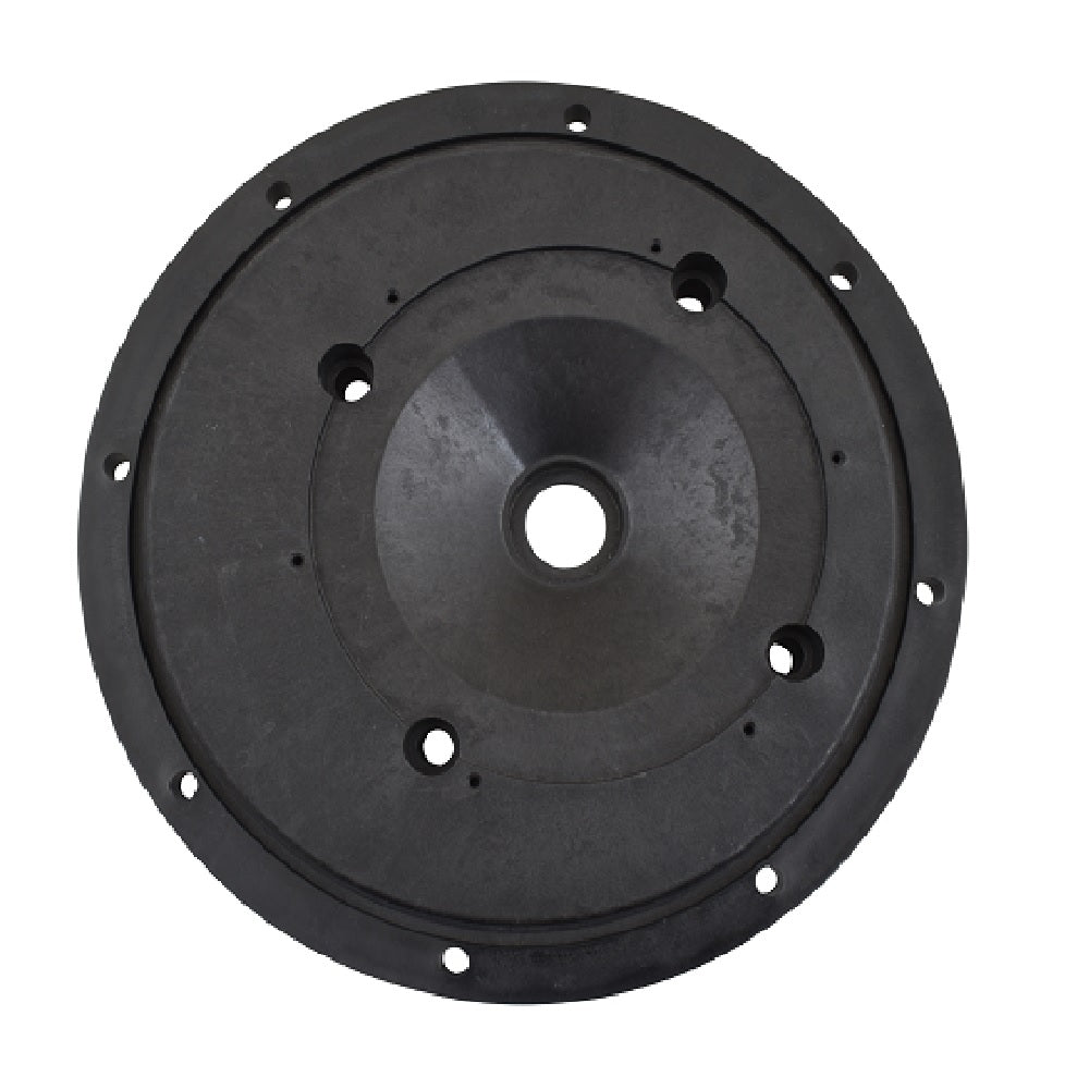 Black circular pump flange with central bore, multiple bolt holes on outer rim and inner ring, matte plastic construction