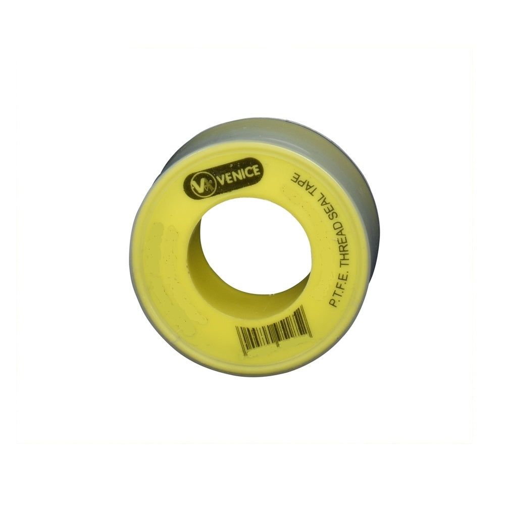Venice PTFE thread seal tape roll, 19mm, yellow and white, with barcode label on face