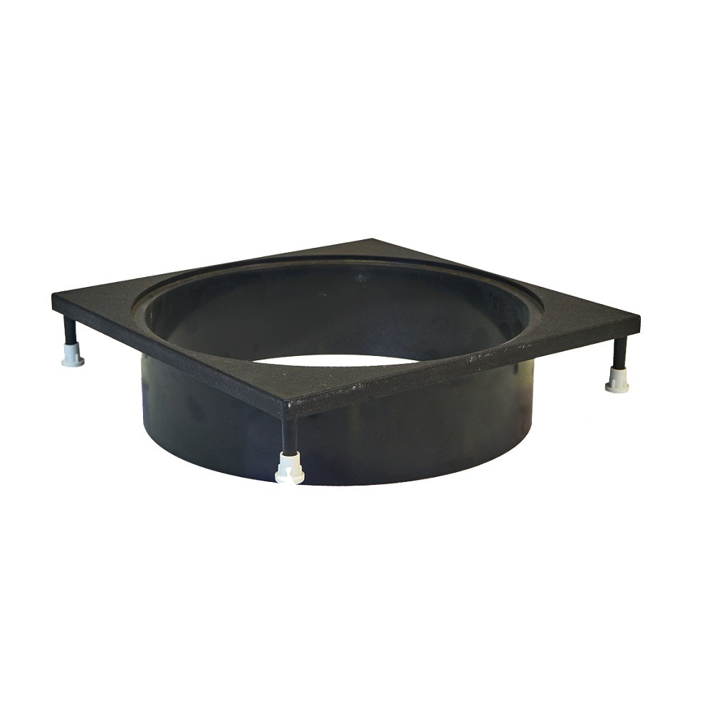 Black metal weir deck collar with square outer frame, circular inner ring, and small adjustable feet on white background