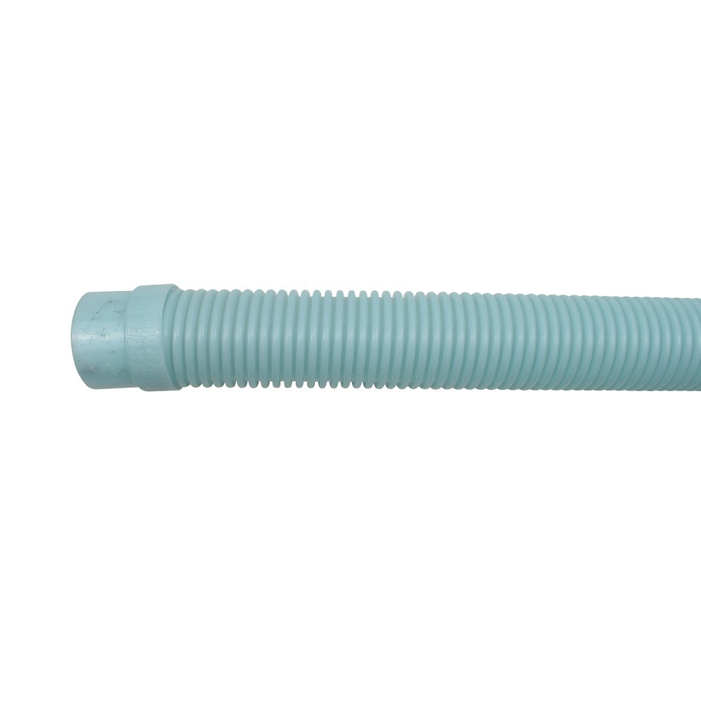 Light blue corrugated plastic pool cleaner hose with ribbed flexible body and fitted connector end, 1.2m length