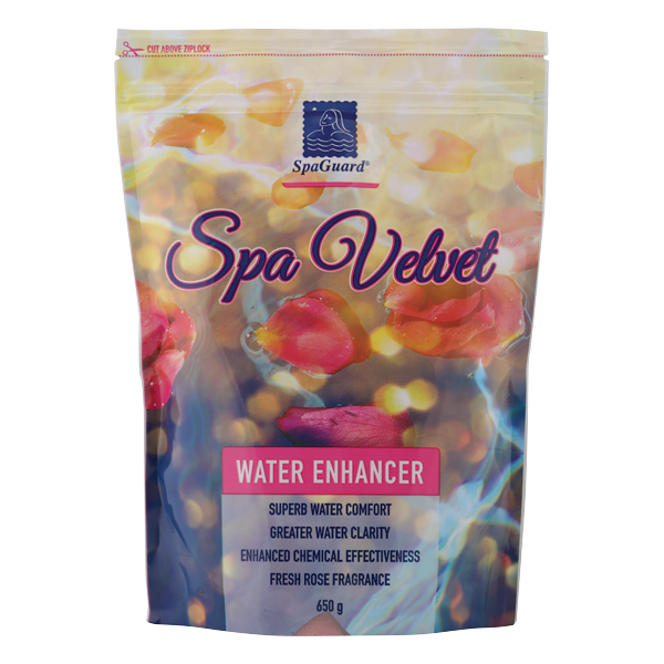 SpaGuard Spa Velvet Water Enhancer 650g resealable pouch with rose petal design and pink accent label