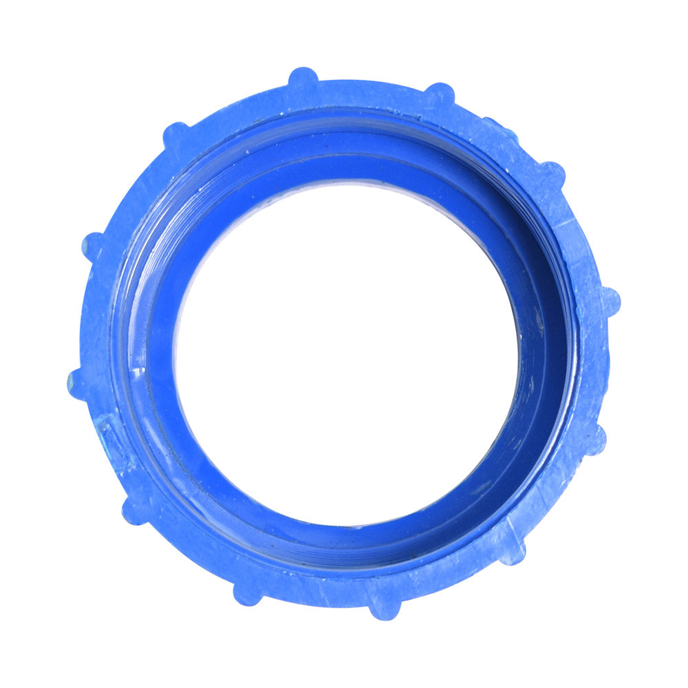 Blue plastic threaded union nut by Aqua Pro with serrated outer grip, internal threading visible, isolated on white background