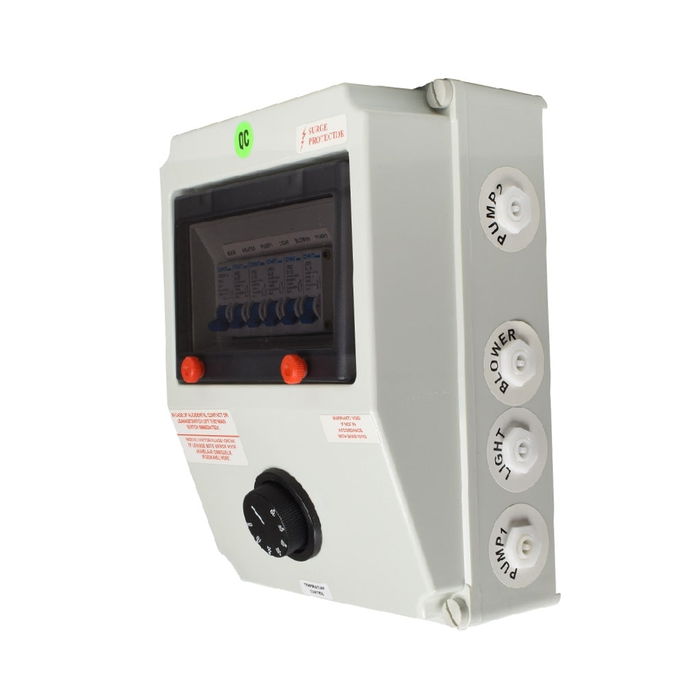 Grey spa electrical DB box with circuit breakers, temperature control dial, surge protector, and four labelled cable ports: Pump1, Pump2, Blower, Light
