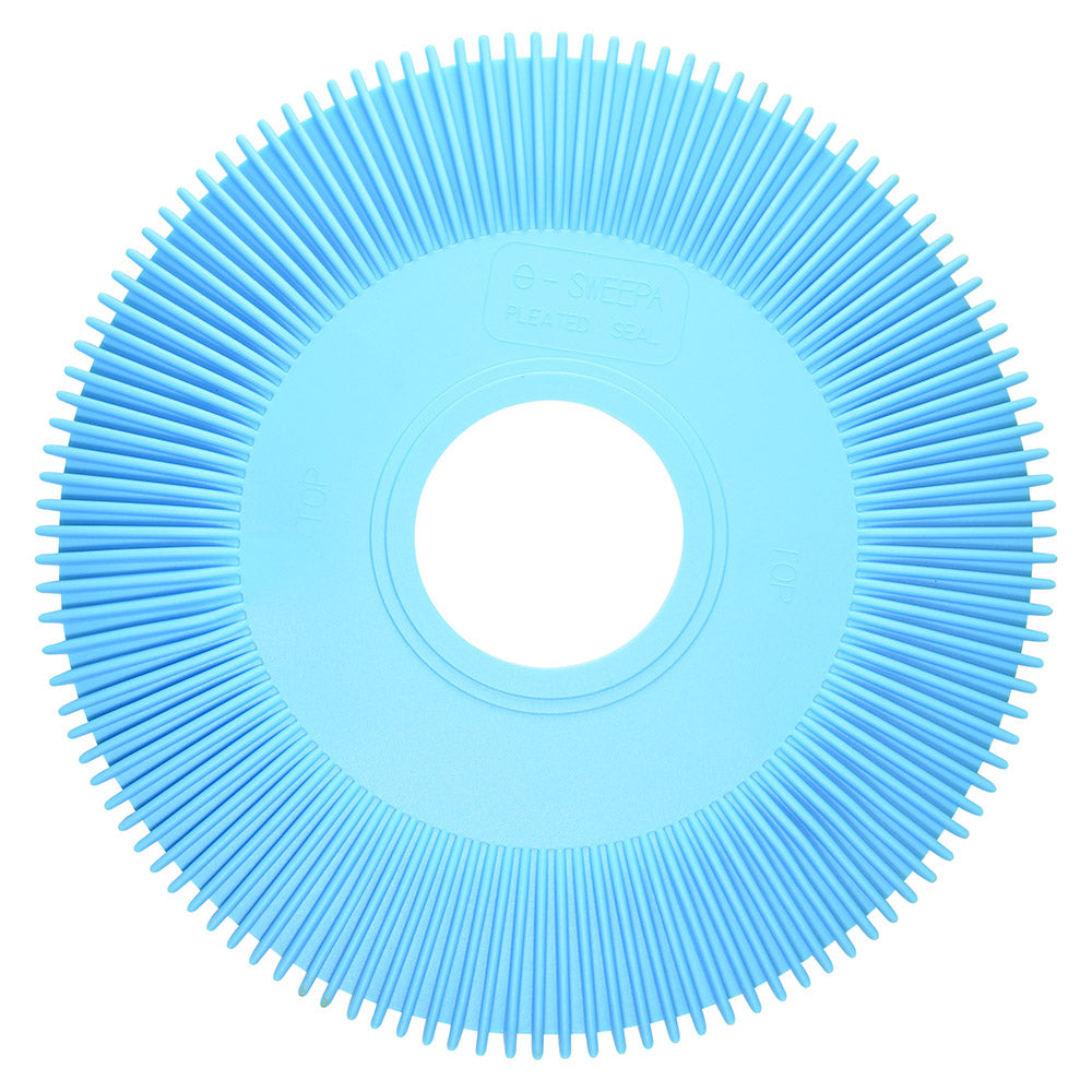 Blue plastic pleated seal disc for Kreepy Krauly suction pool cleaner with radial fin design and central hole
