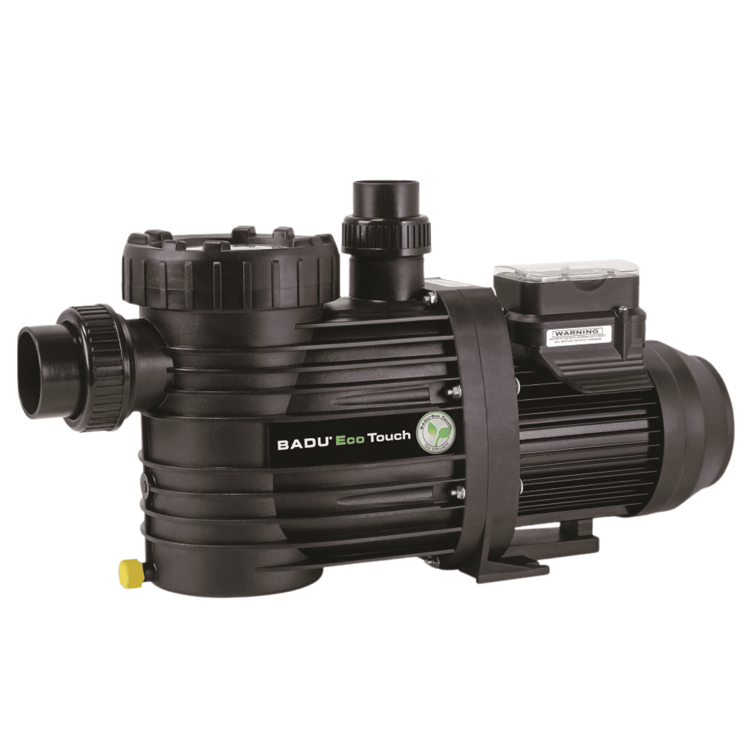 Black Speck Badu ECO Touch 0.75kW pool pump and motor with ribbed housing, side inlet port, and top outlet fitting on white background
