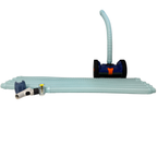 Kreepy Krauly Dominator Pro automatic pool cleaner in navy blue and orange with black wheels, long light-blue hose, and fittings