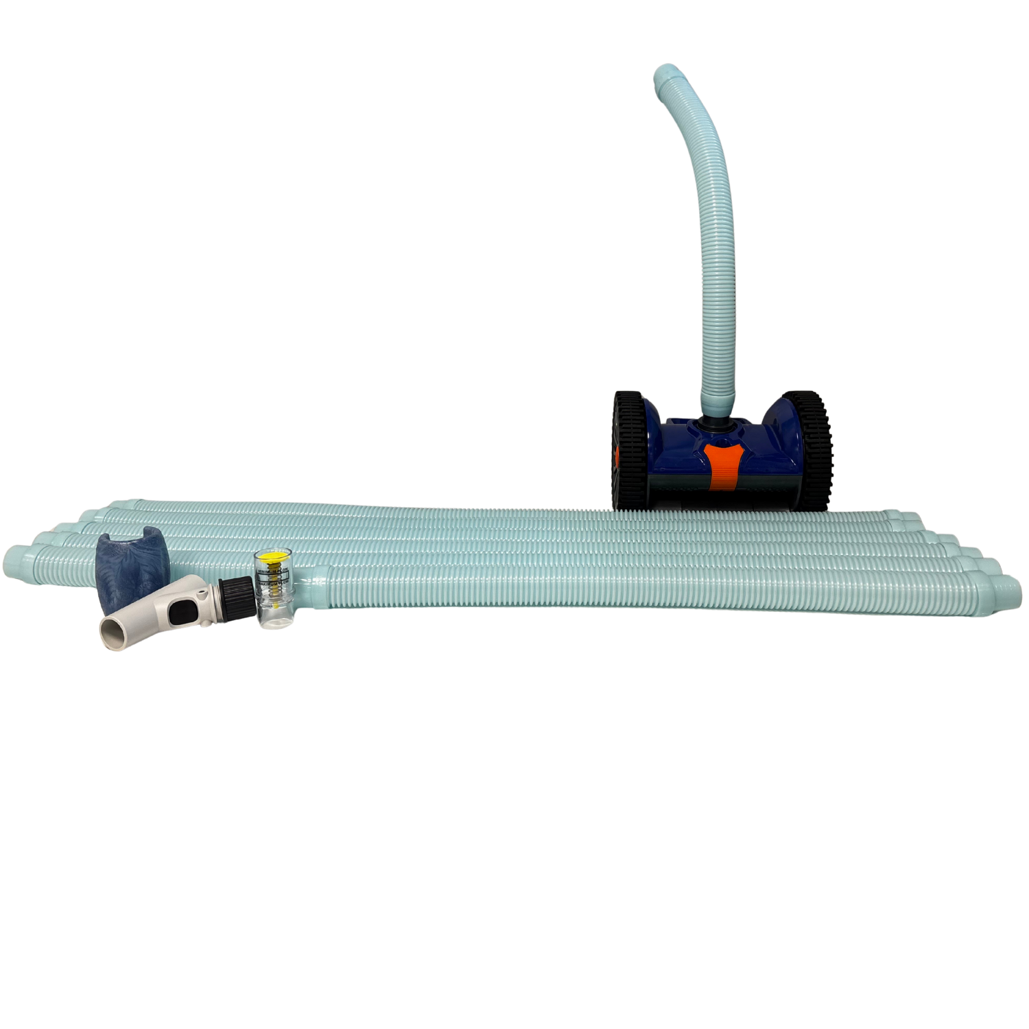 Kreepy Krauly Dominator Pro automatic pool cleaner in navy blue and orange with black wheels, long light-blue hose, and fittings