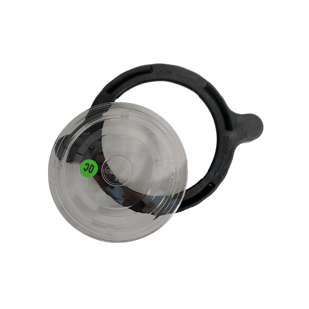 Quality Swimflo 2 pump lid with clear dome and black locking ring showing open/close markings, white background